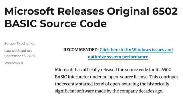 微软开源1976年比尔·盖茨参与开发的6502 BASIC解释器源代码